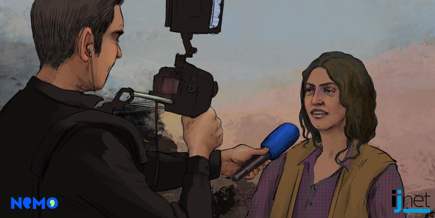 Dibujo de hombre entrevistando a una mujer ante cámaras