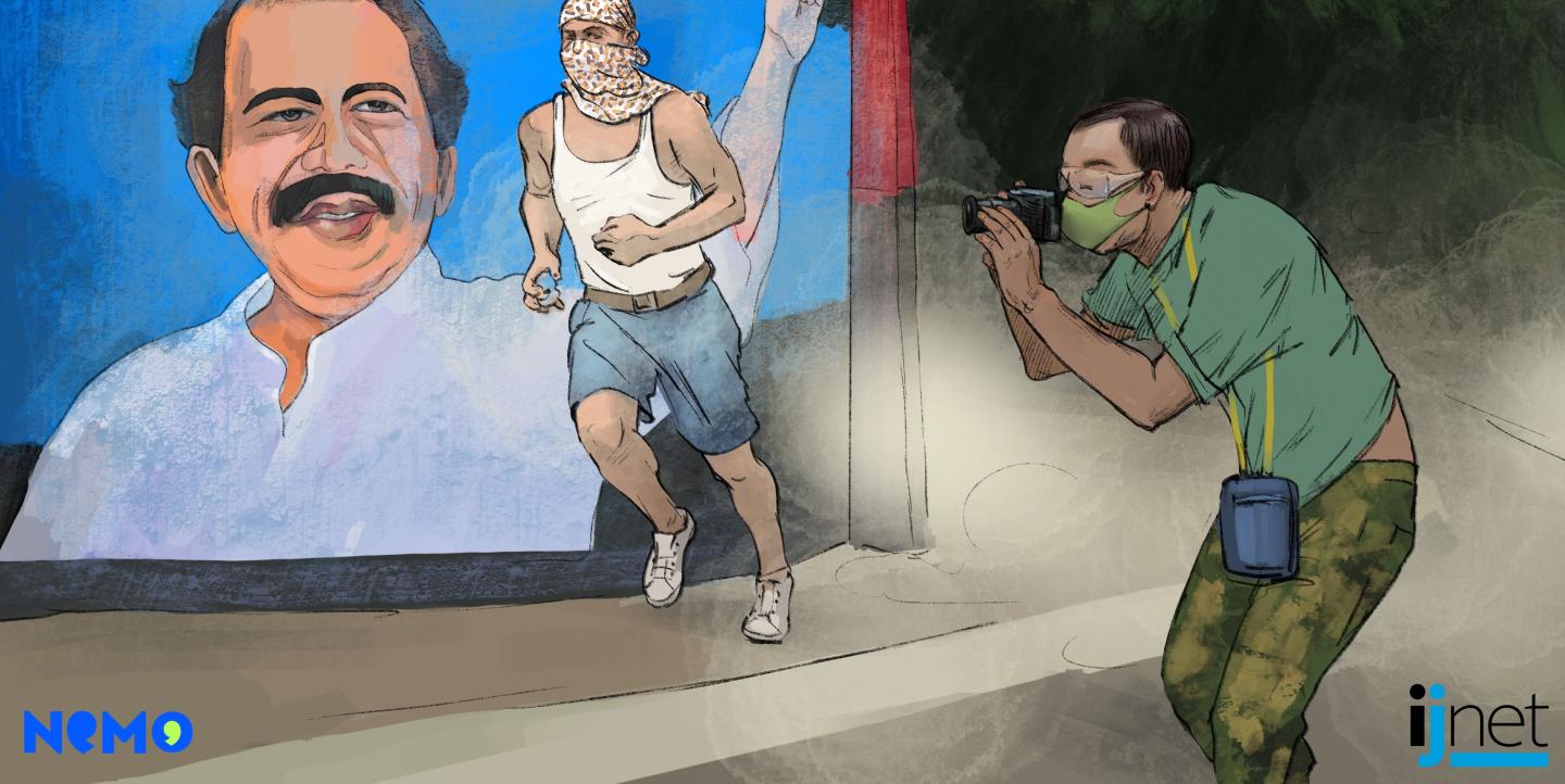 Journalist taking a photo of a man running in front of a mural of Nicaraguan president Ortega