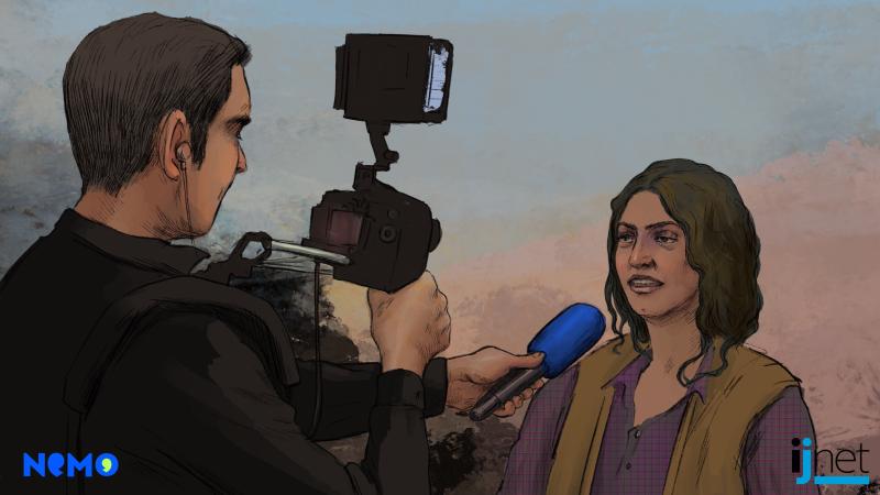 Graphic of a man with a camera interviewing a woman