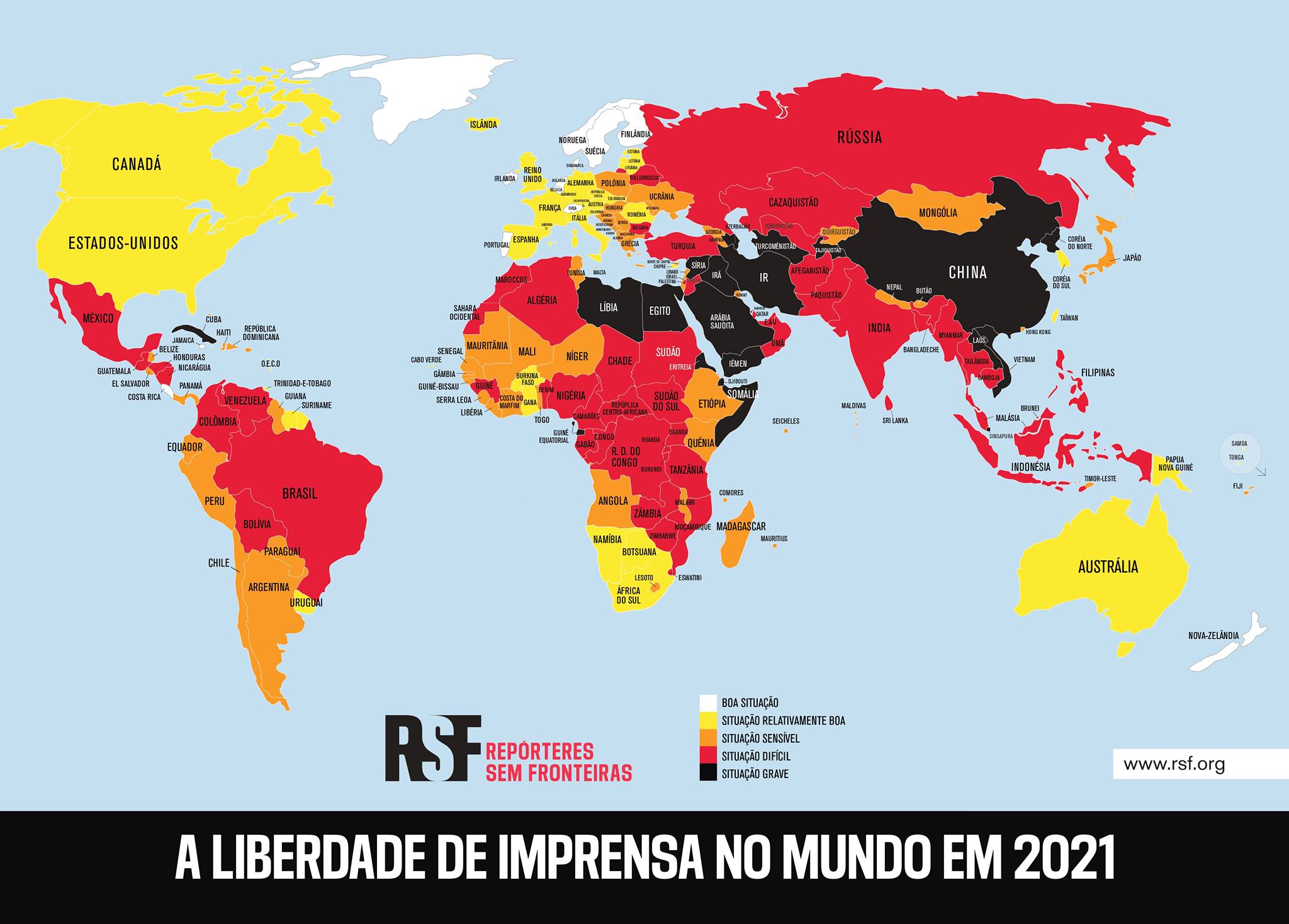 Segundo a edição 2021 do Ranking Mundial da Liberdade de Imprensa da Repórteres Sem Fronteiras (RSF), o jornalismo está totalmente ou parcialmente limitado em 73% dos países avaliados pela RSF.