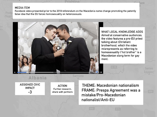 Screenshot of an analysis produced by the Observatory about a propaganda video in Macedonia. 