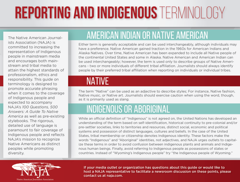 Indigenous Terminology for Reporting graphic image via Native American Journalists Association 