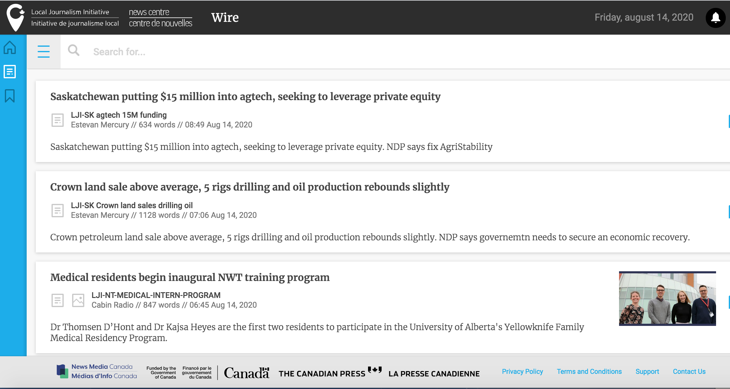 Screenshot of the LJI newswire interface.