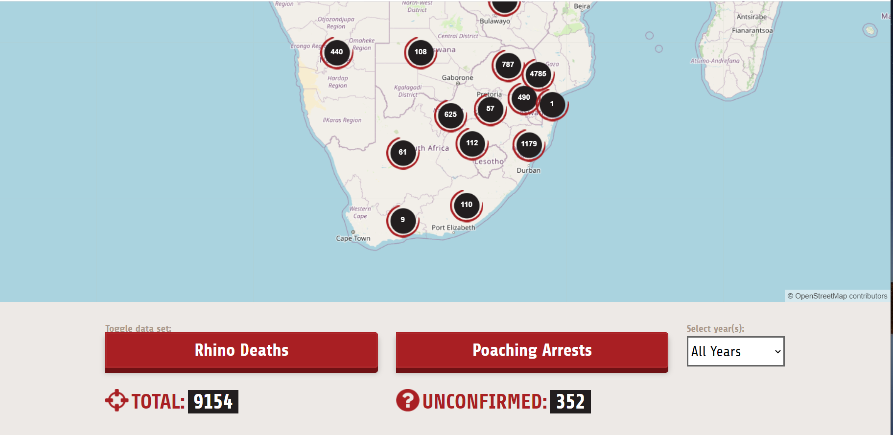 Screenshot of Oxpeckers' Rhino Poacher dashboard, which shows a map of southern Africa littered with data points