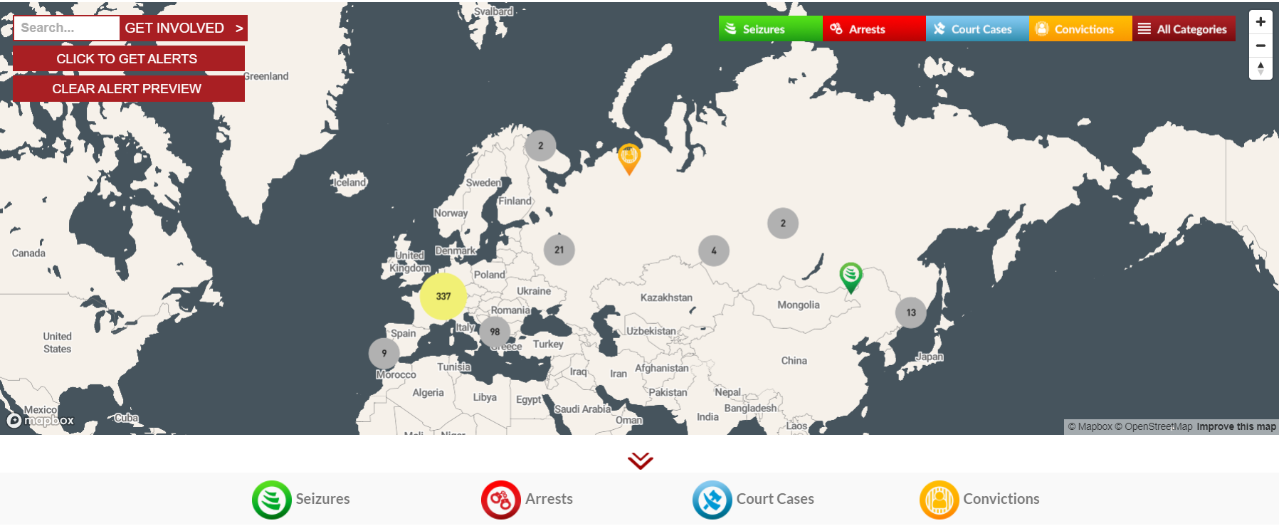 Screenshot from the #WildEye dashboard, showing a map of Europe and Asia with small data points