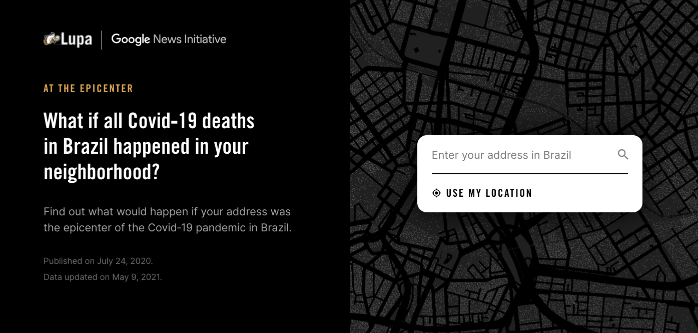 Screenshot of At the epicenter, a project of Agência Lupa to show the magnitude of the COVID-19 toll in Brazil.
