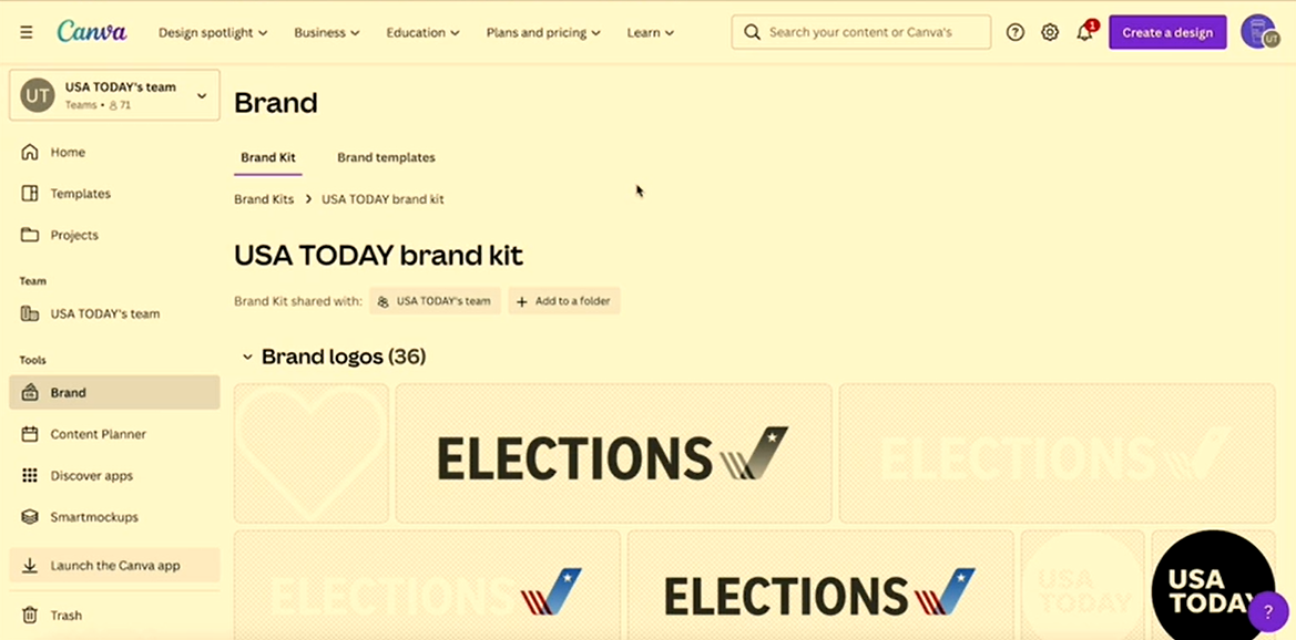 USA Today's brand kit on Canva.