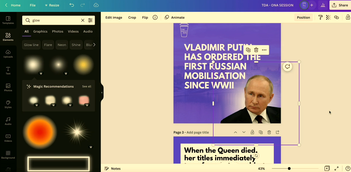 Glow being adding behind a picture of Vladimir Putin on the Daily Aus' Canva workspace.