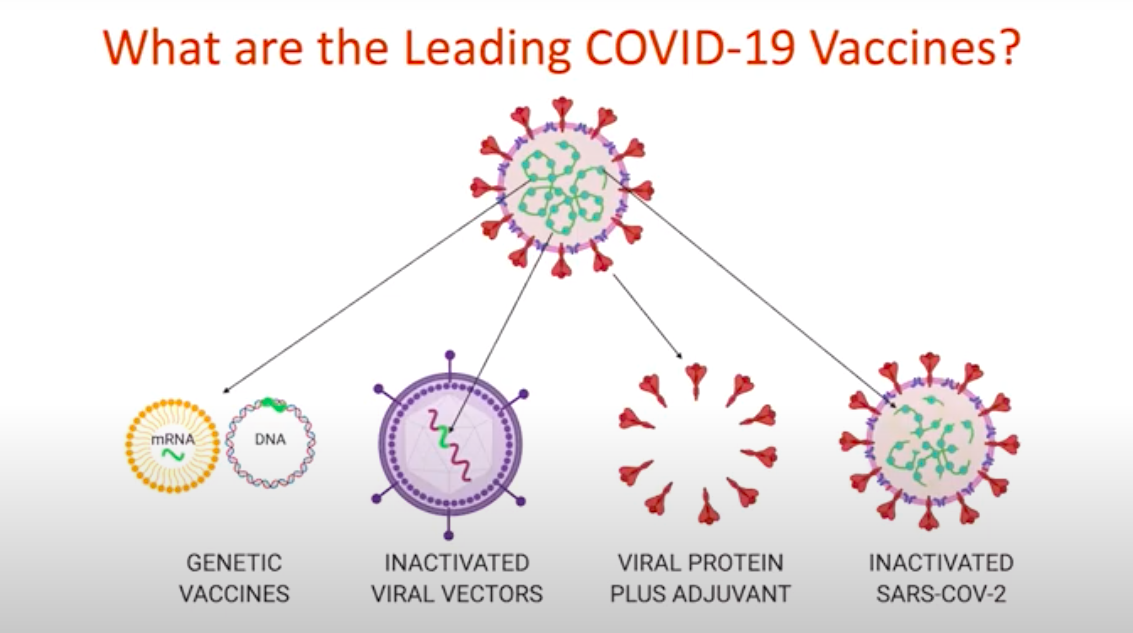 Graphic lists categories of vaccines: Genetic, inactivated viral vectors, viral protein plus adjuvant, inactivated SARS-COV-2 