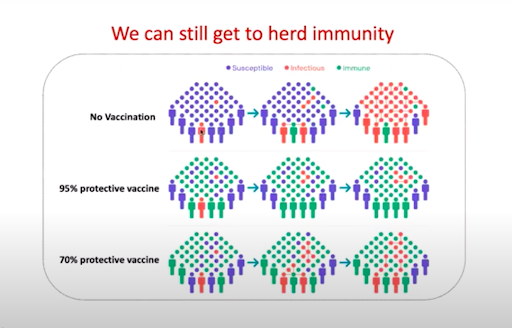 An illustration uses colored dots to illustrate that herd immunity can be achieved through both 95% effective and 70% effective vaccines (latter will have more infected people, still).