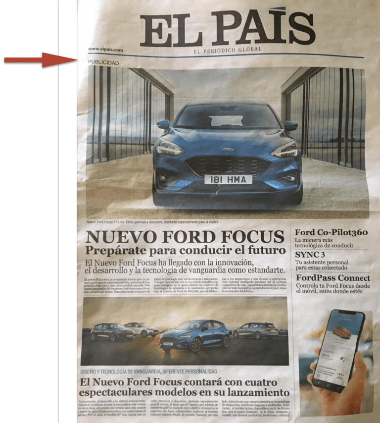 El Pais features a photo of a Ford vehicle on the front page as an ad