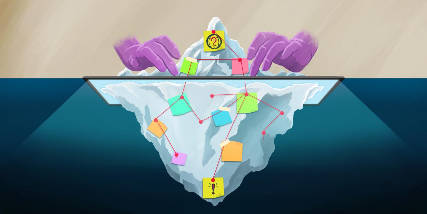 Ilustración que muestra la punta de un iceberg como metáfora para encontrar datos más profundos