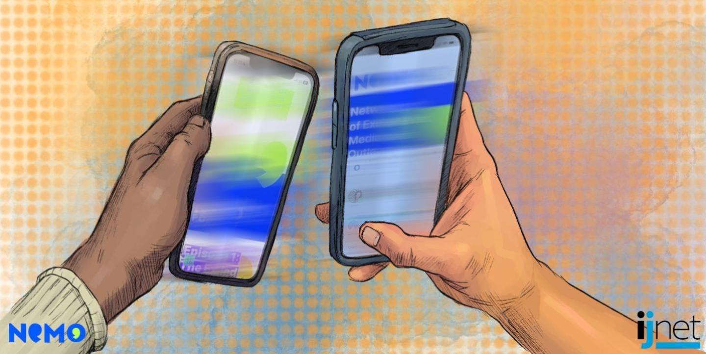 Two phones side by side, one sending a story to the other phone