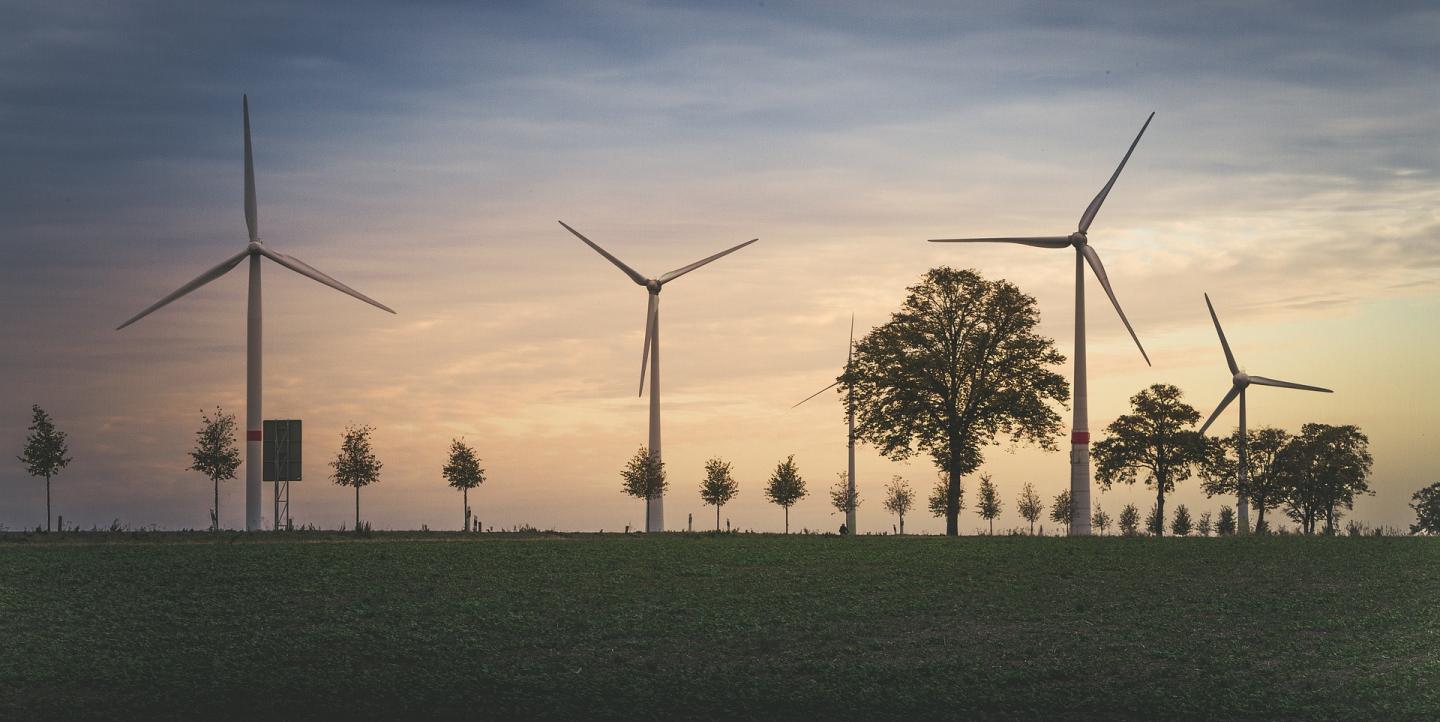 Wind power plants at dusk
