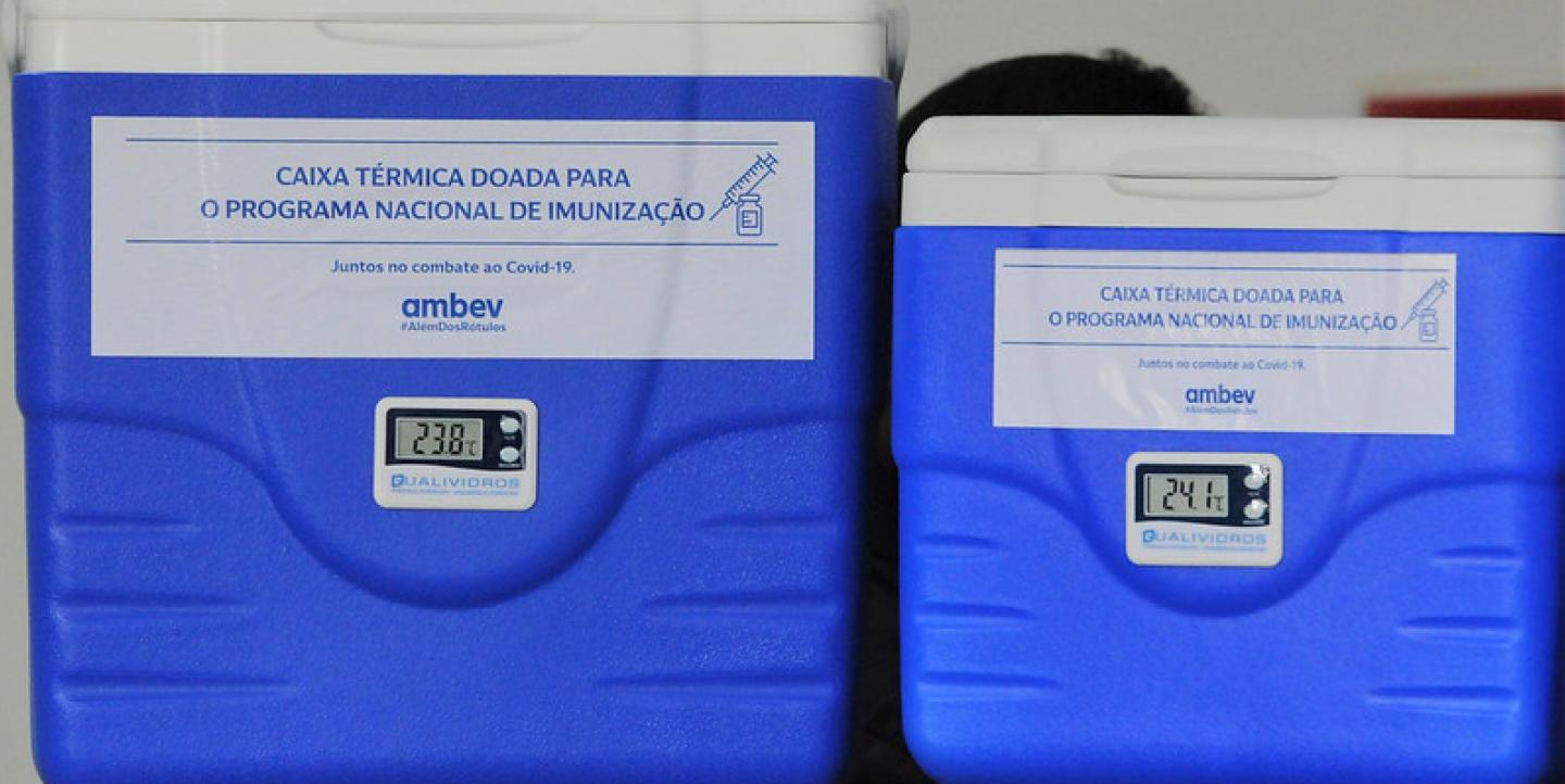Two coolers that contain COVID-19 vaccines in Brazil