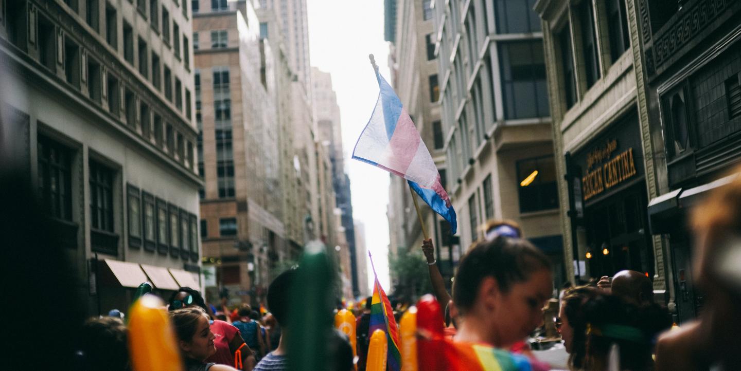 pessoas na rua com bandeiras do orgulho trans e orgulho LGBTQIA+