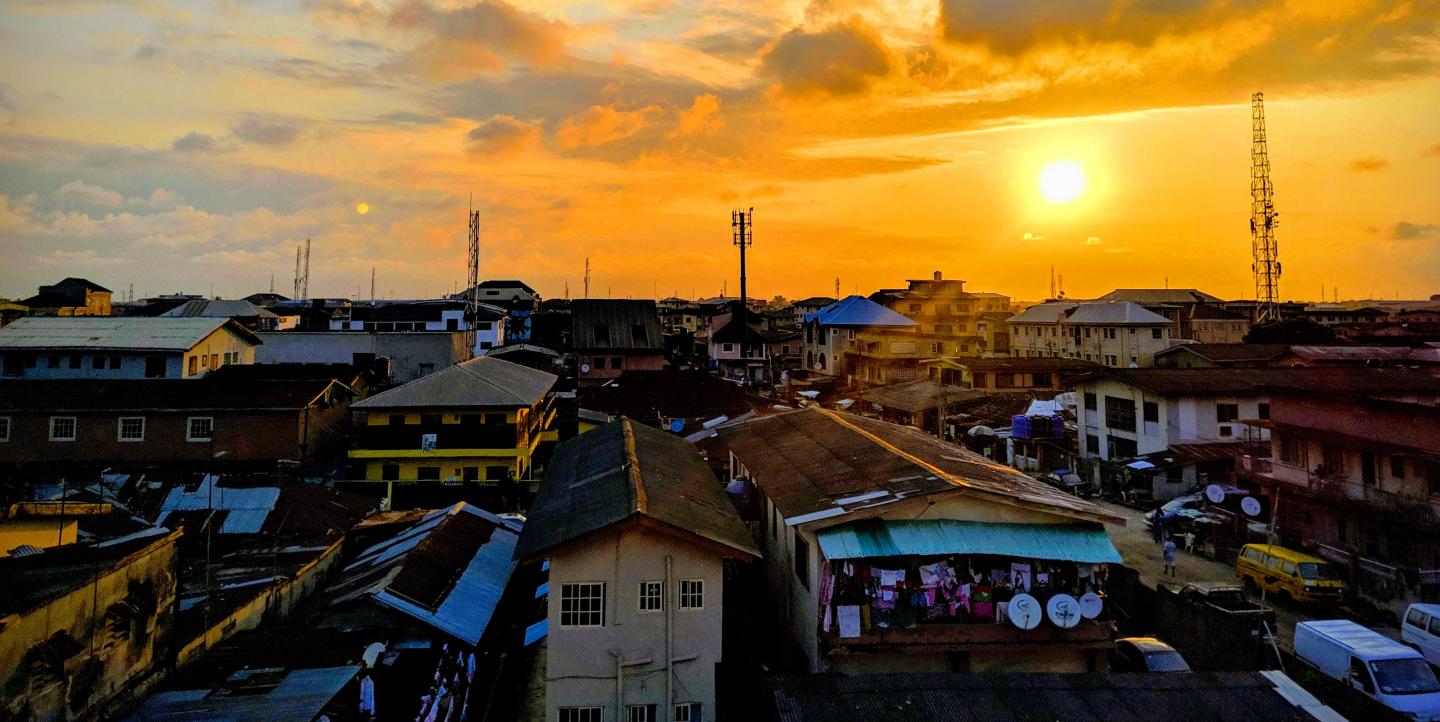 A skyline view of Lagos, Nigeria during a sunset