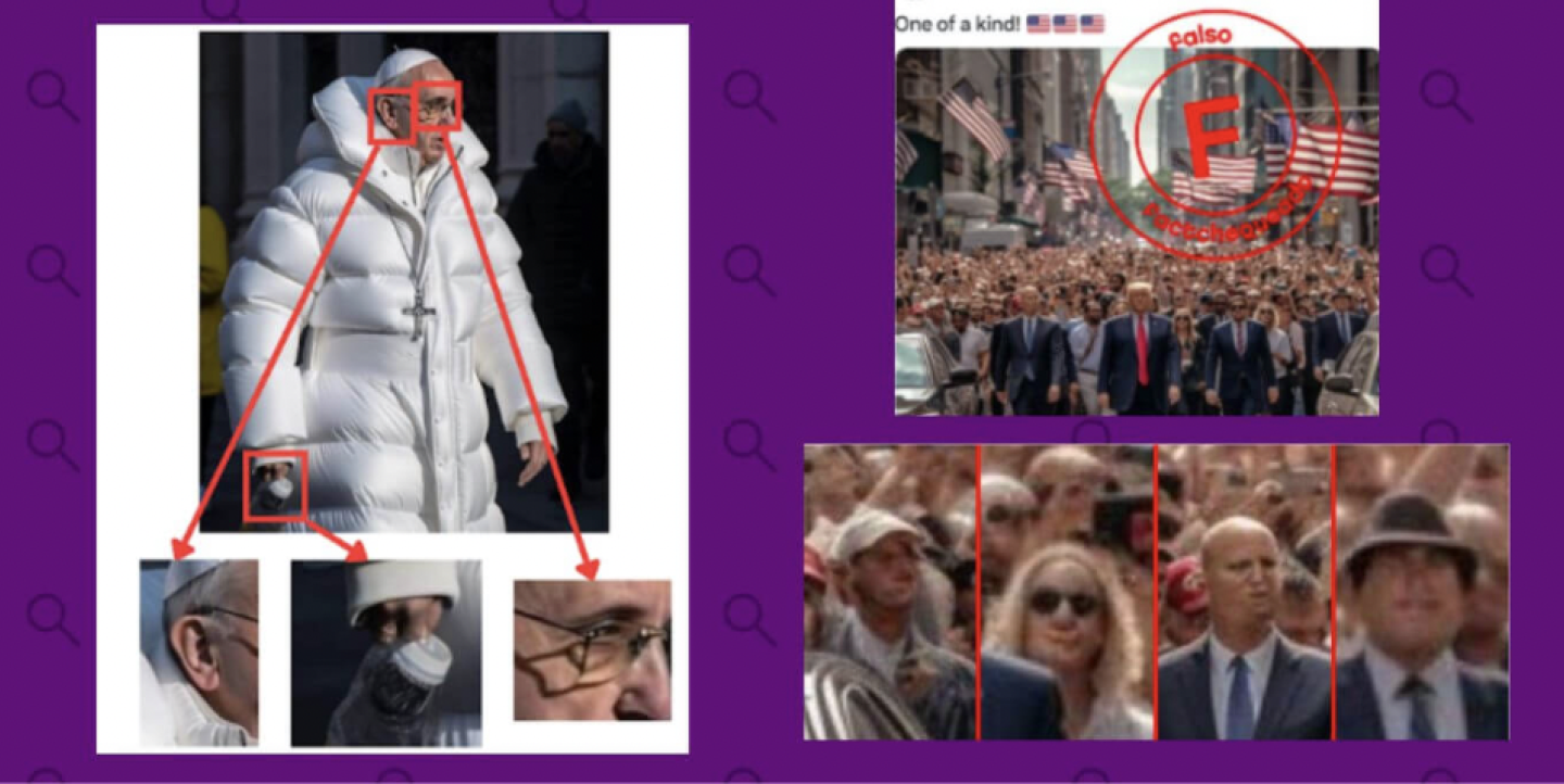 A picture of the AI-generated image of the Pope in a puffer coat and underneath it is picttures of inconsistences in the photo including his ear, the cup he's holding and his glasses. 