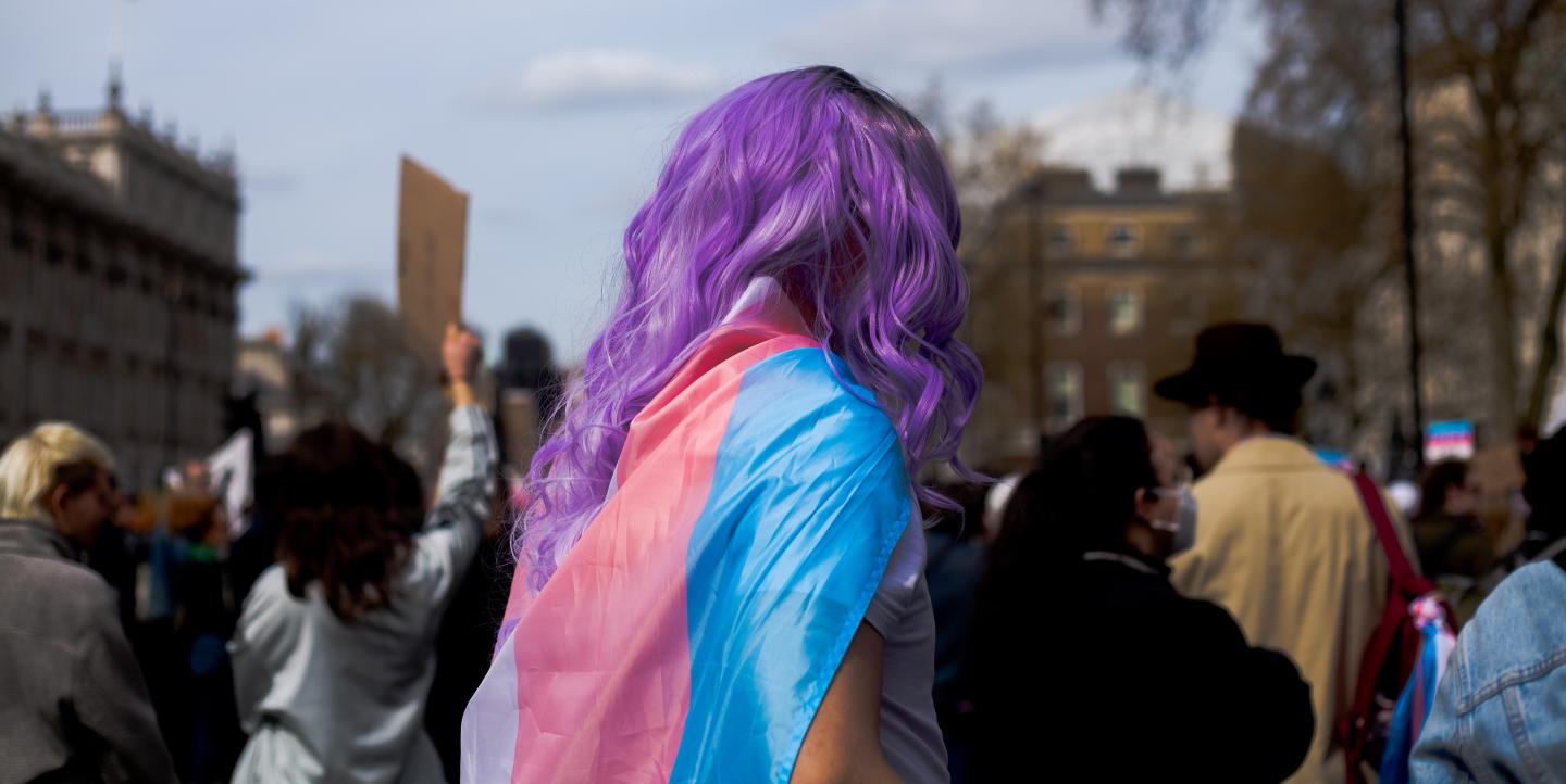 Person with pink hair draped in blue and pink trans flag