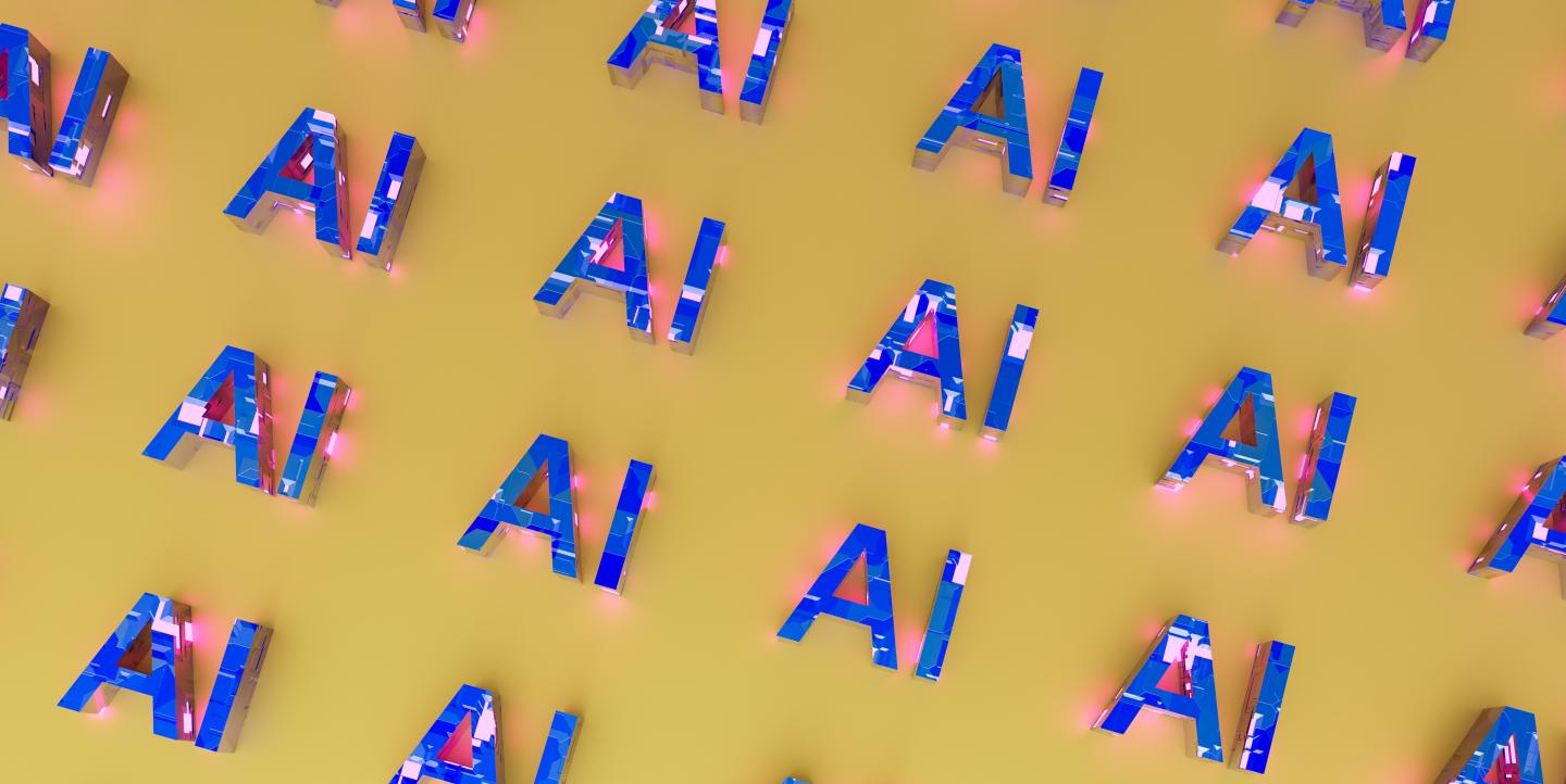 Lettres AI (IA en français) en bleu sur fond jaune 