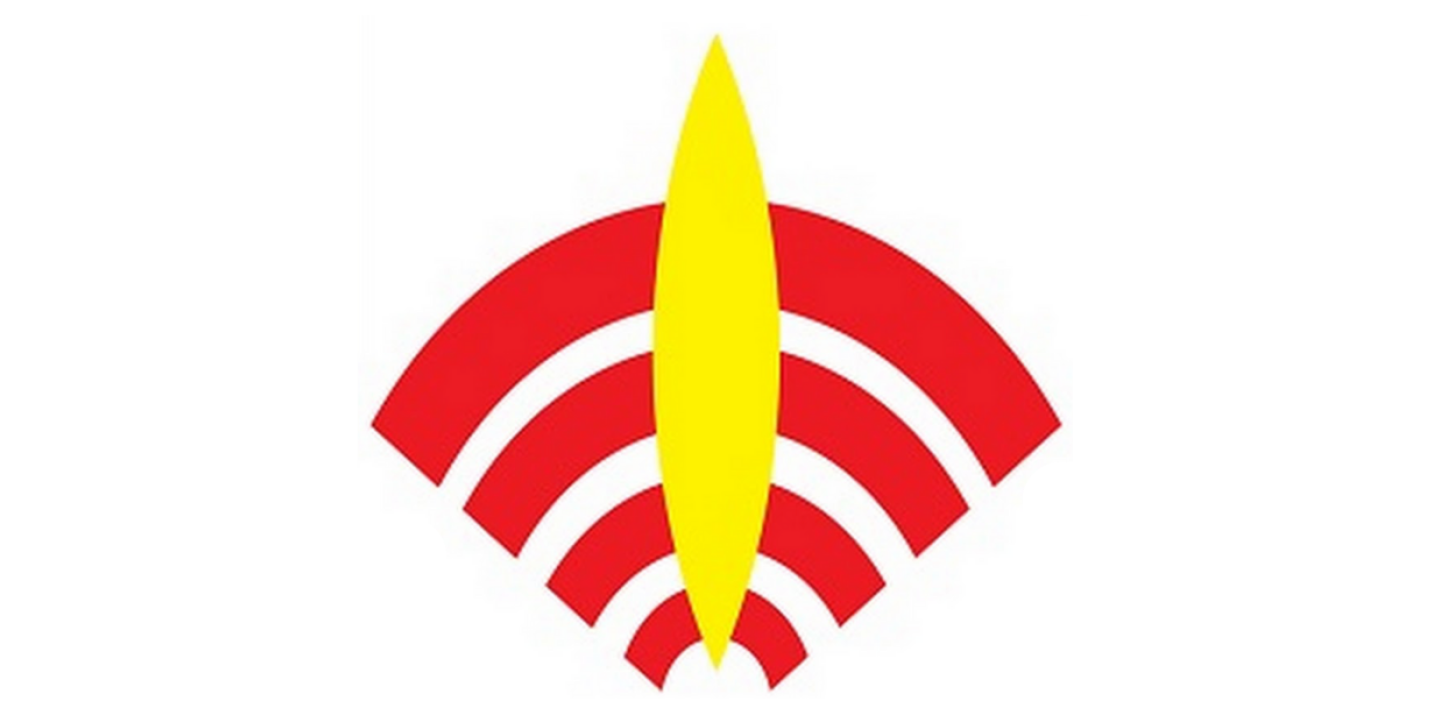 Logo de Rádio Yandê: signo de wifi con un ícono amarillo de pluma en el centro
