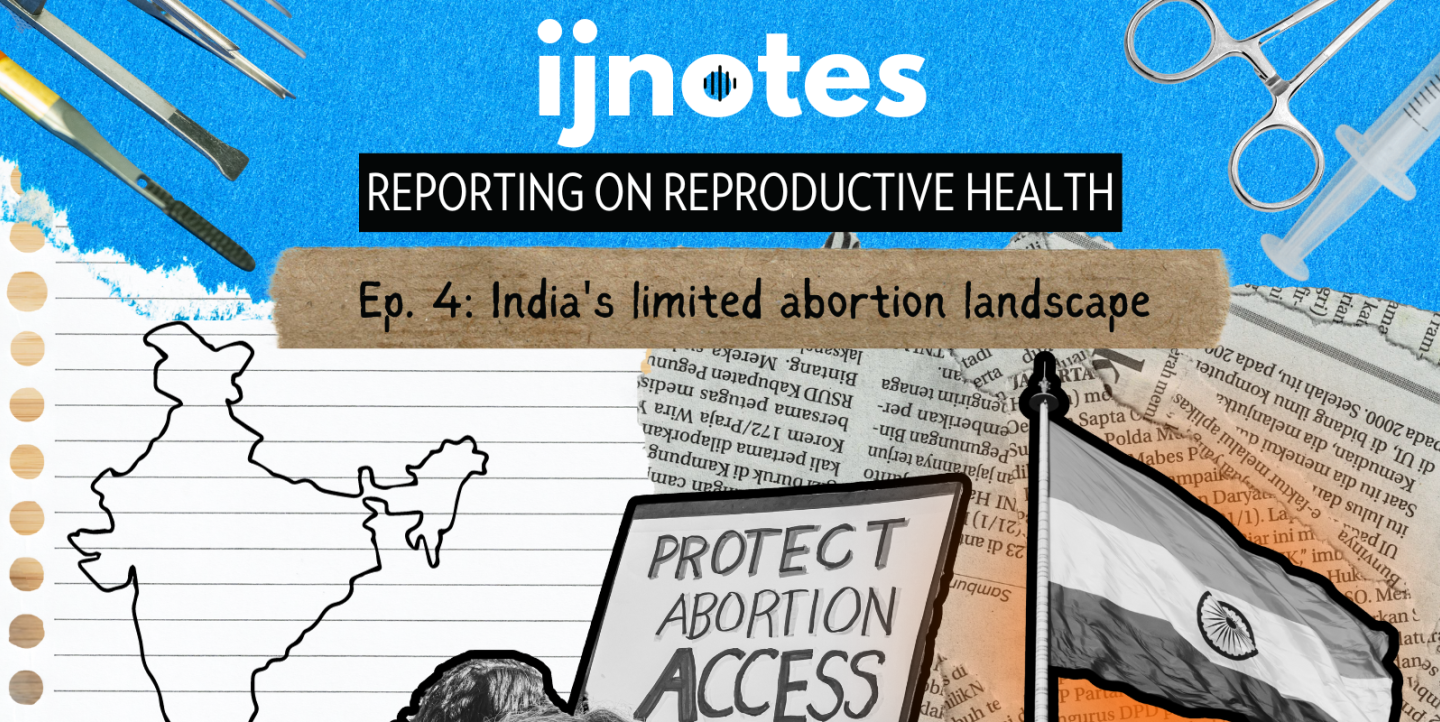 Imagen de portada de IJNotes con el contorno de la India y un cartel de protesta a favor del aborto
