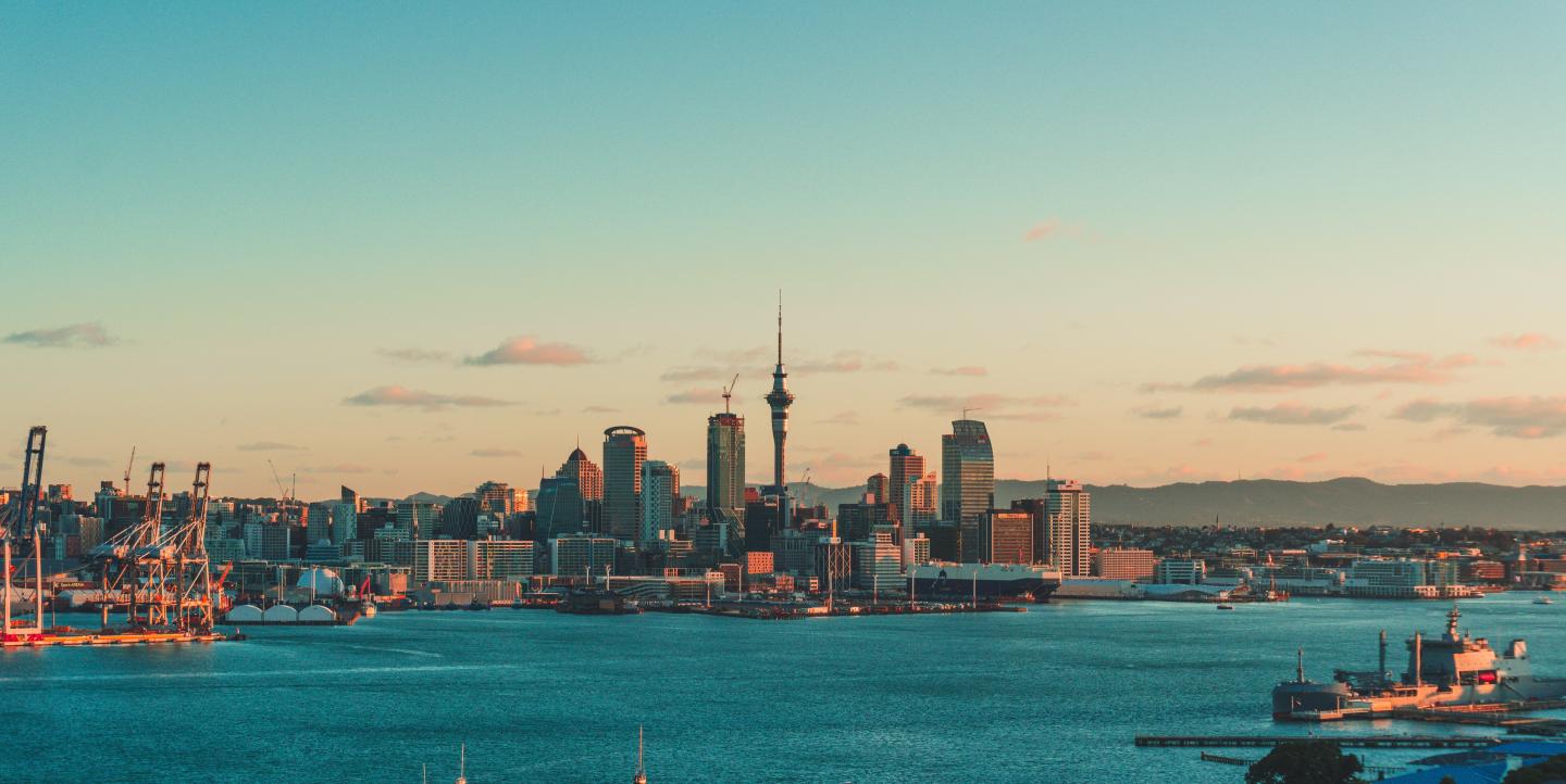 Auckland, New Zealand skyline at sunset