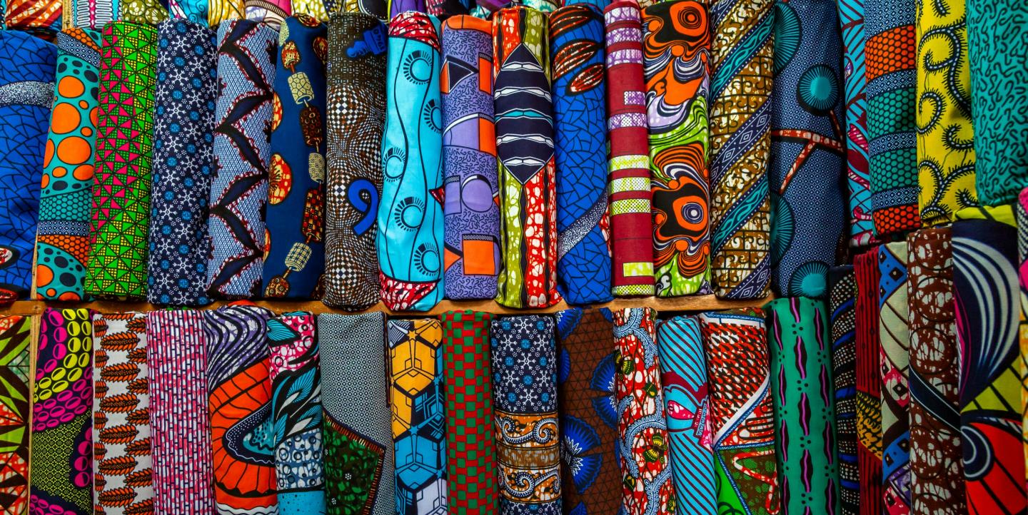 African fabrics lined up side by side.
