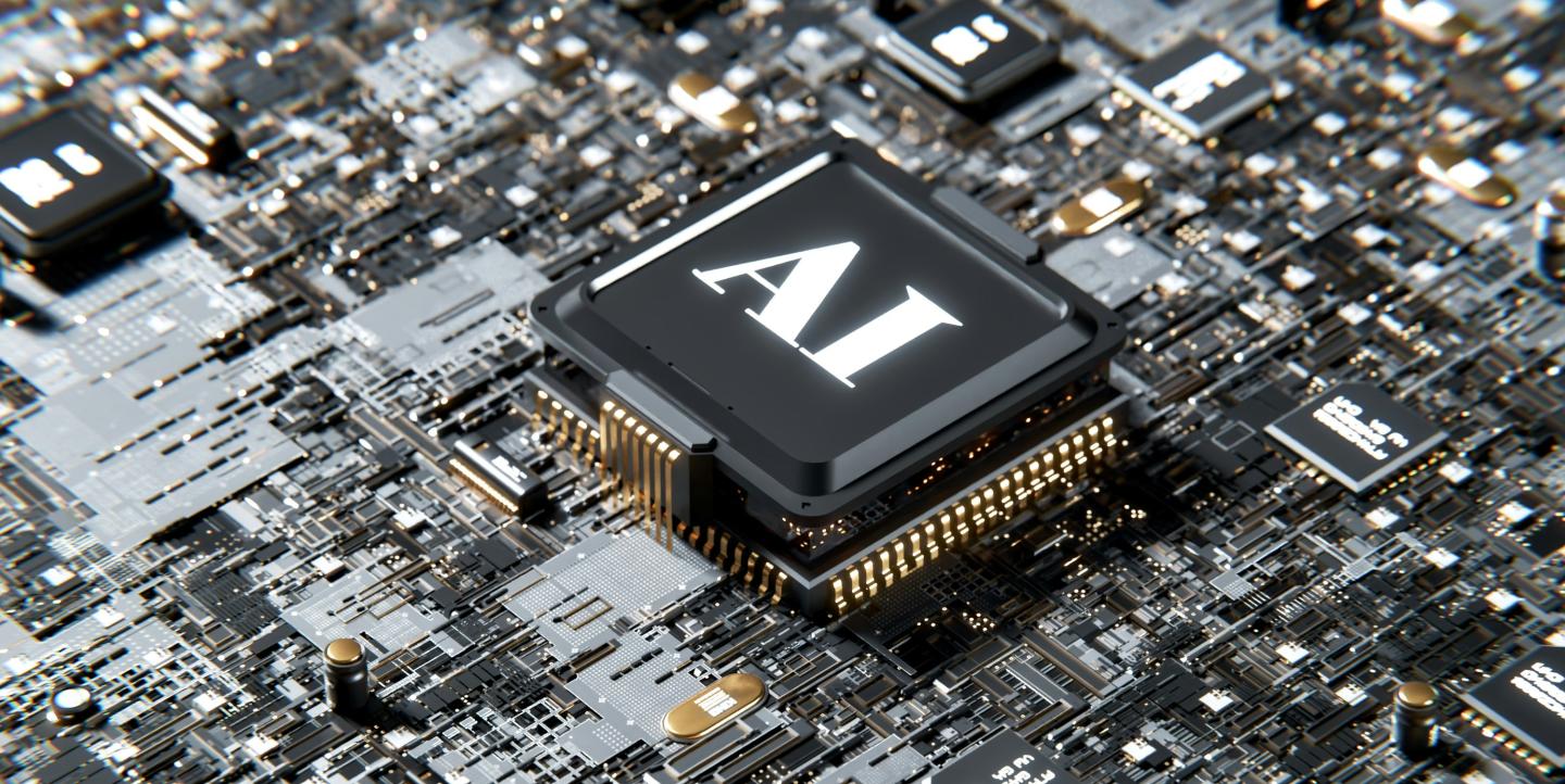 Placa de circuito con un chip en el que se lee "AI"