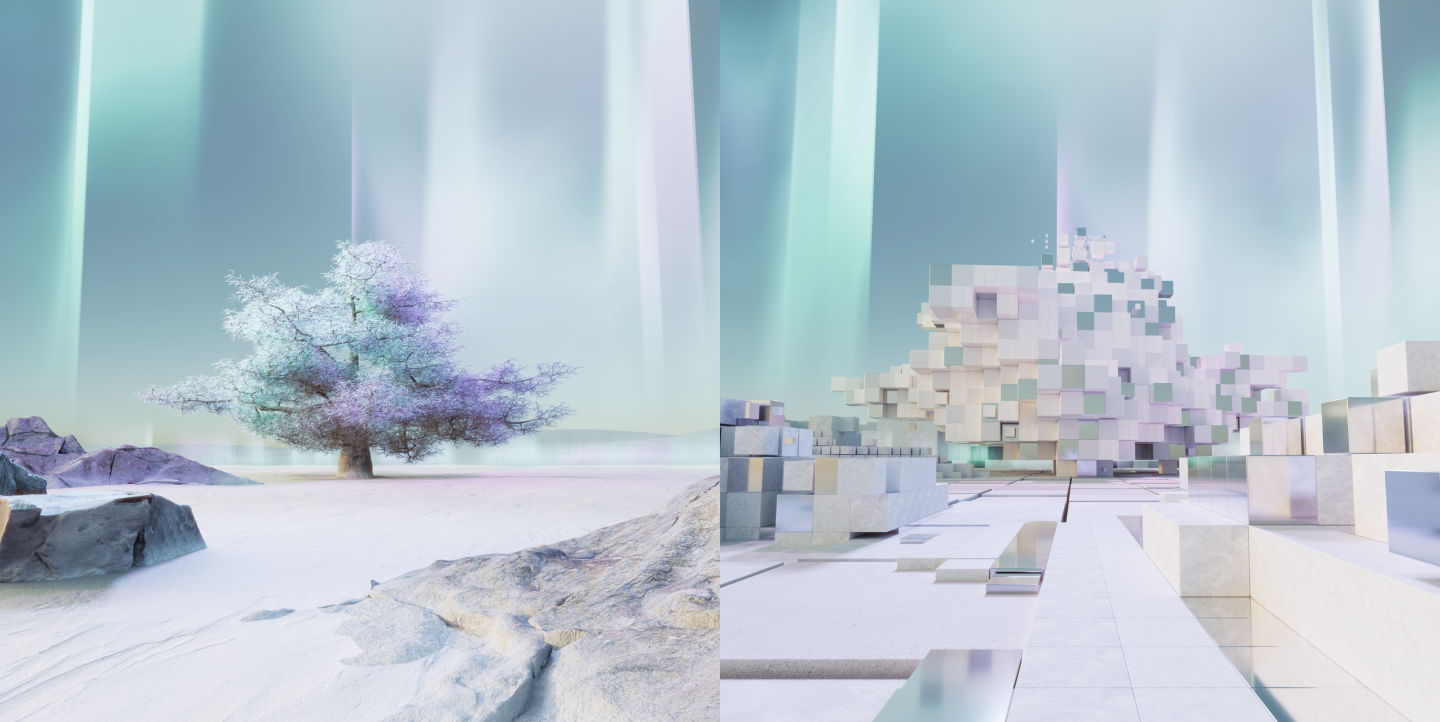 On the left, there is an image of a tree on a snowy, rocky landscape, with light shining in from the background. On the right, there is the same landscape, but it is now reproduced as grey and silver cubes in the shape of a tree and technical terrain, backgrounded by the light.