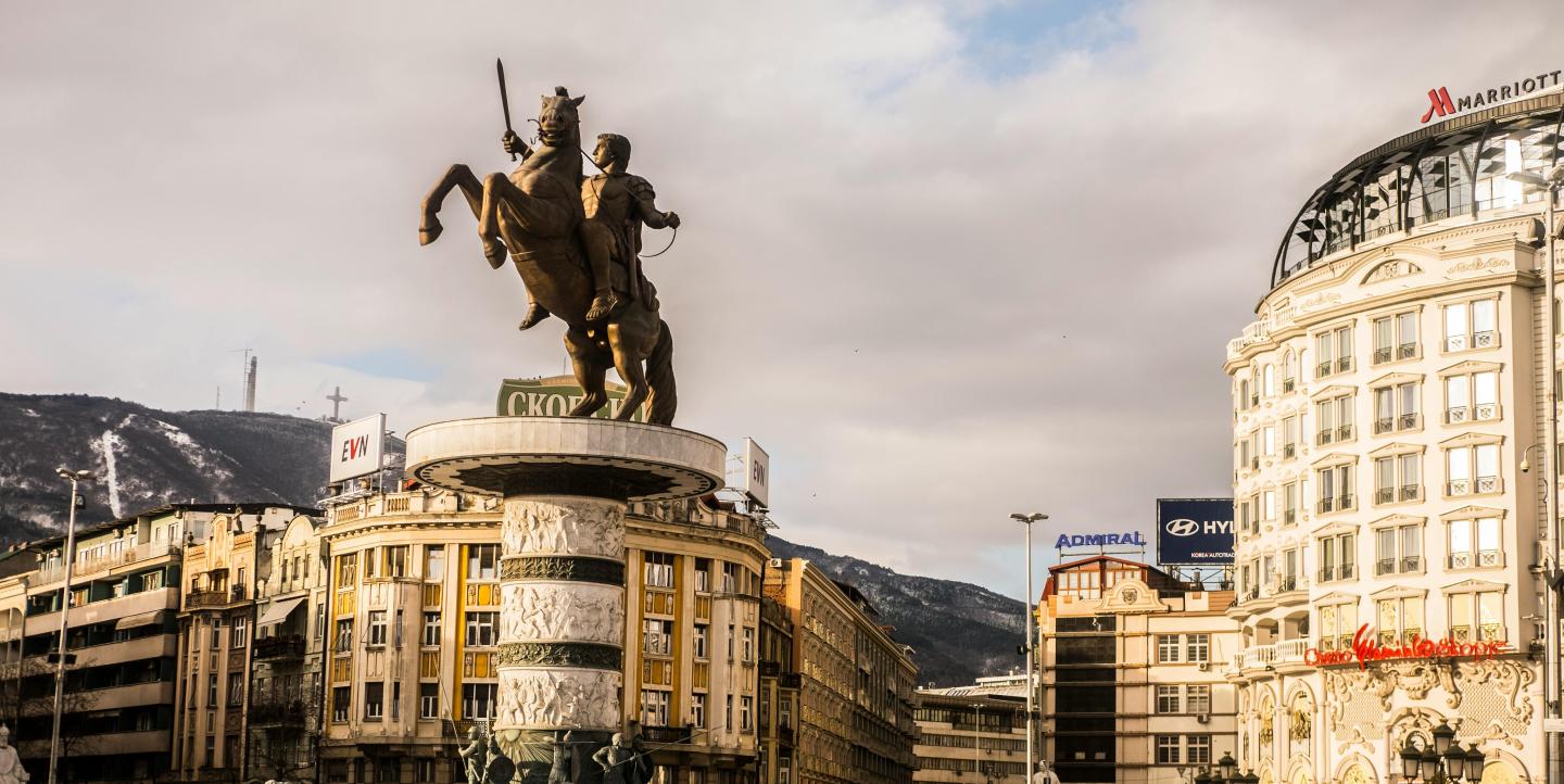 Statue of a man on a horse in Skopje, North Macedonia