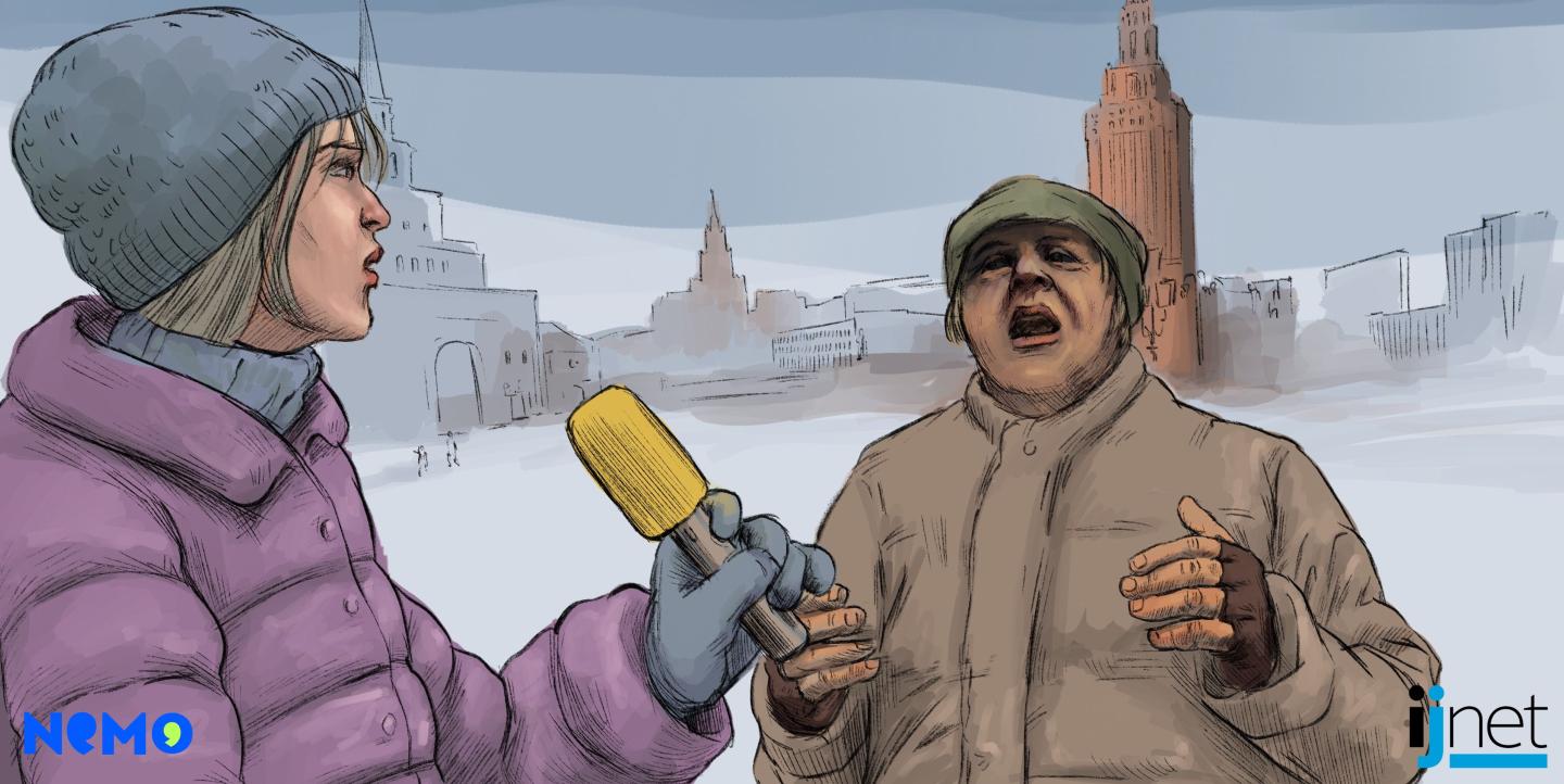 Ilustración de una mujer entrevistando a un hombre frente al Kremlin, en Rusia