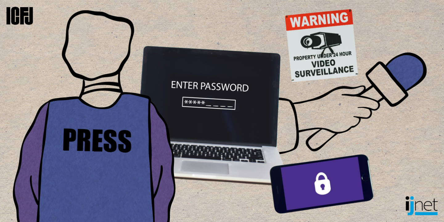 Drawing of a figure with a press jacket on, a computer with password protection, and a lock screen on a phone
