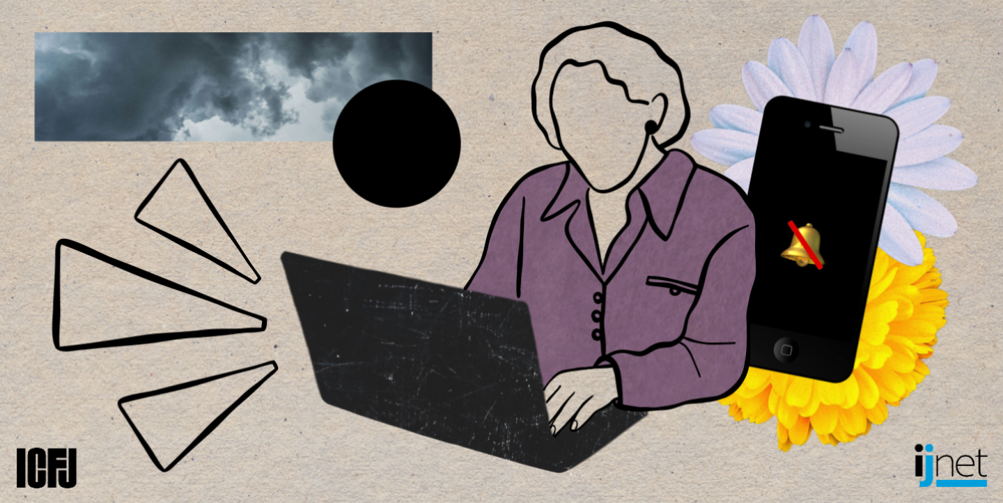 Drawing of a woman in front of a computer with a do not disturb setting on her phone behind her