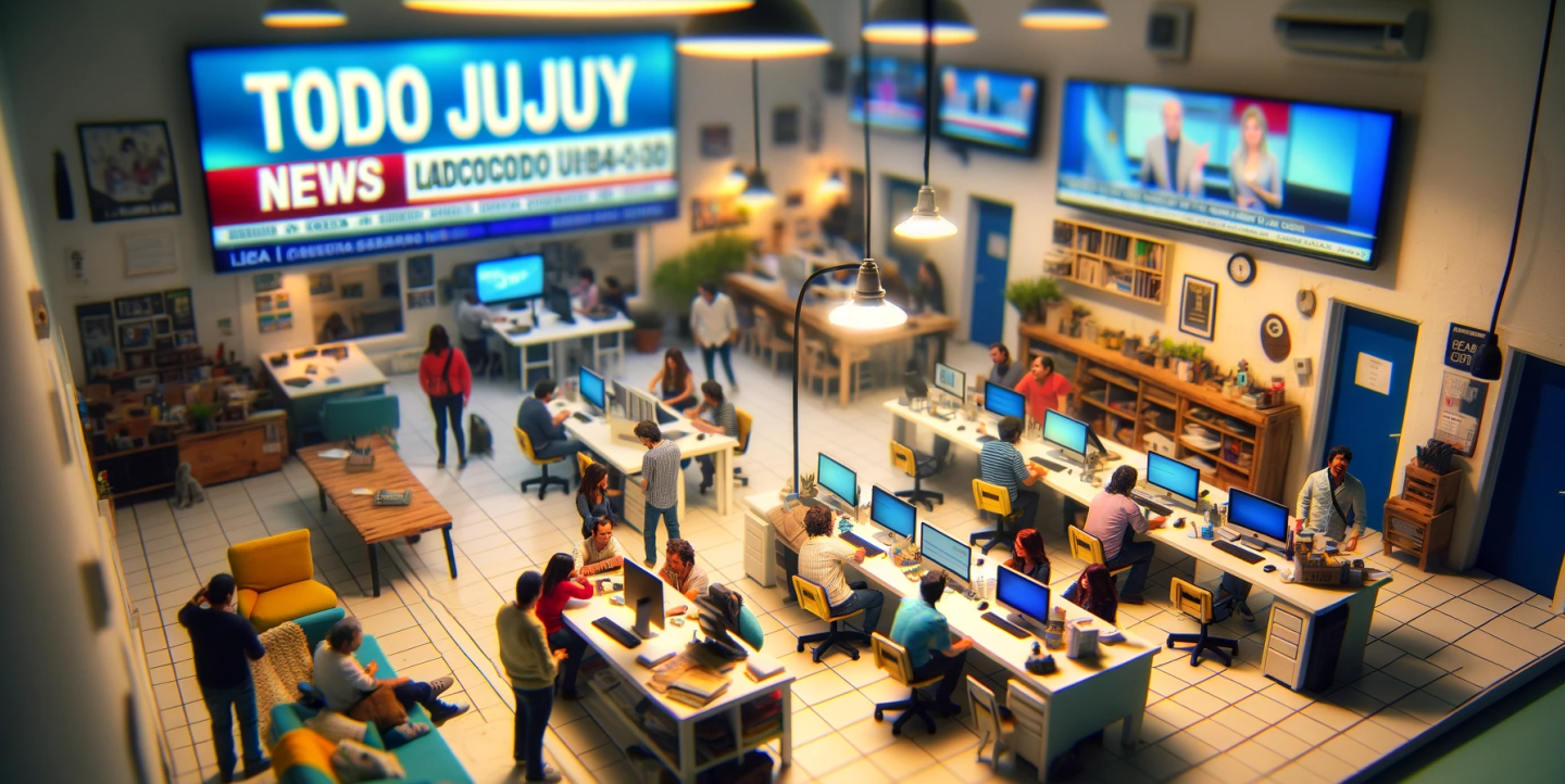 Imagen generada por ChatGPT que muestra una sala de redacción. "TODO JuJuy" aparece en una pantalla de TV sobre la redacción.