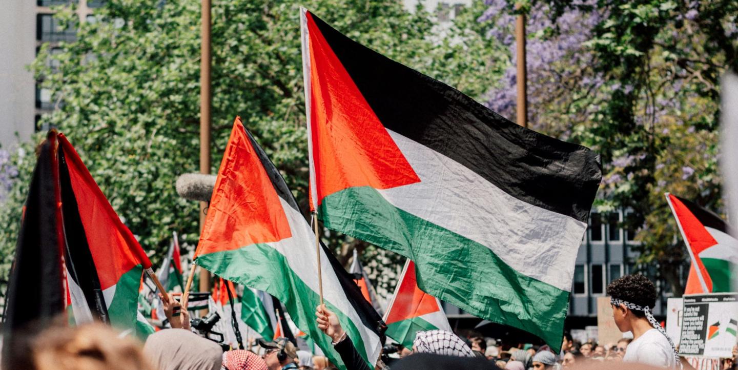 People in a crowd flying Palestinian flags