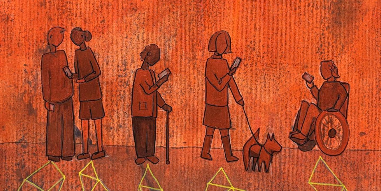 Five people and a dog are seen outlined in orange, against an orange background. Two of the people talk to each other, one stands along with a stick, one walks a dog, and the other is in a wheelchair. All of them look at their mobile phones intently, and all cast shadows on the ground. The shadows are made up of network diagrams, being representative, rather than literal shadows.