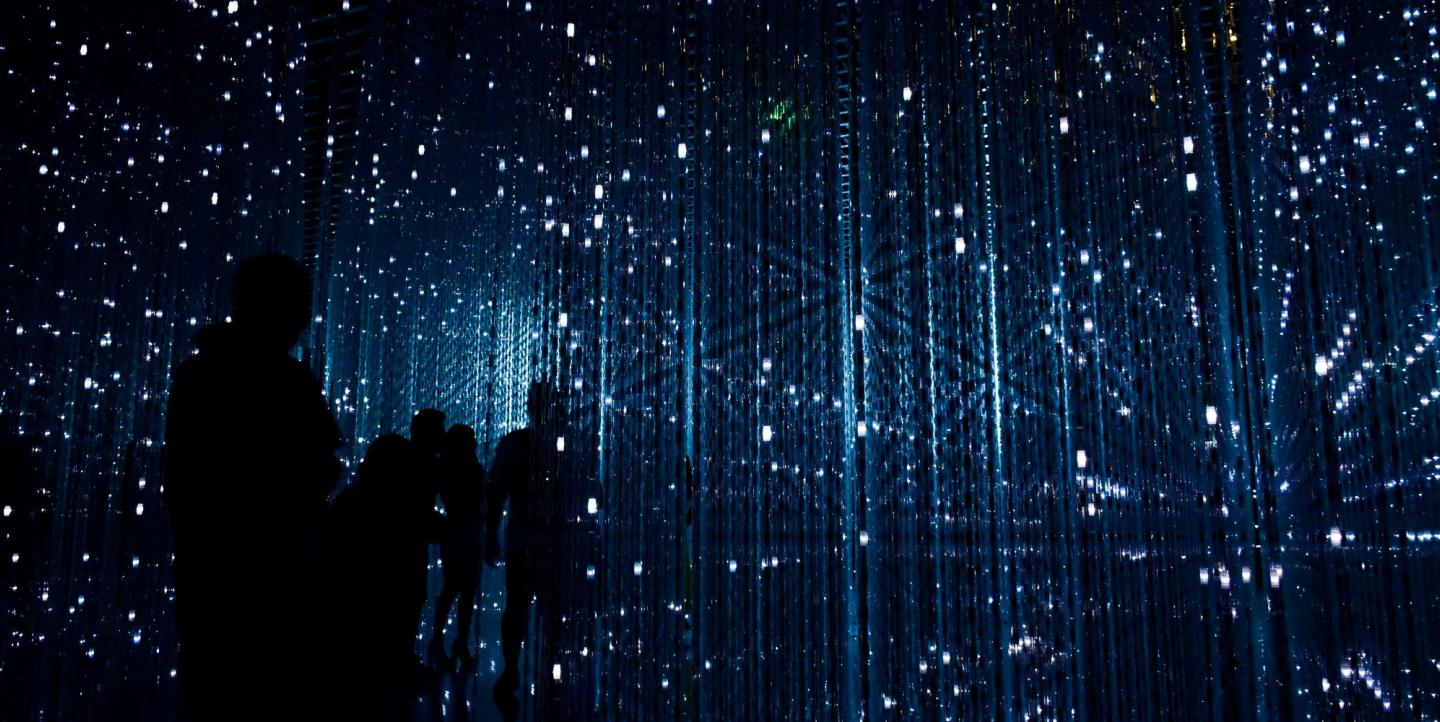 People standing in a futuristic digital landscape