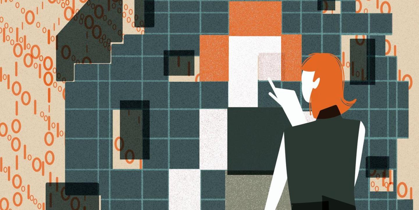 This image shows an individual with orange hair interacting with a large, abstract digital mirrored structure. The structure is composed of squares in varying shades of green, orange, white, and black which are pieced together to reflect the individual’s figure. The figure's hand is extended as if pointing to or interacting with the mirrored structure. Behind the  structure are streams of binary code (0s and 1s) in orange, flowing towards the digital grid.