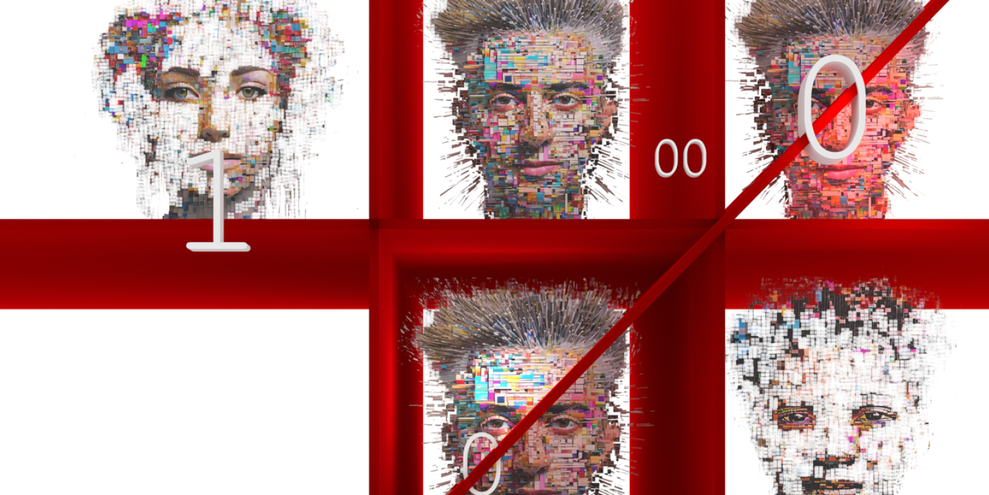 A tic-tac-toe board with human faces as digital blocks, symbolizing how AI works on pre-existing, biased online data for information processing and decision-making