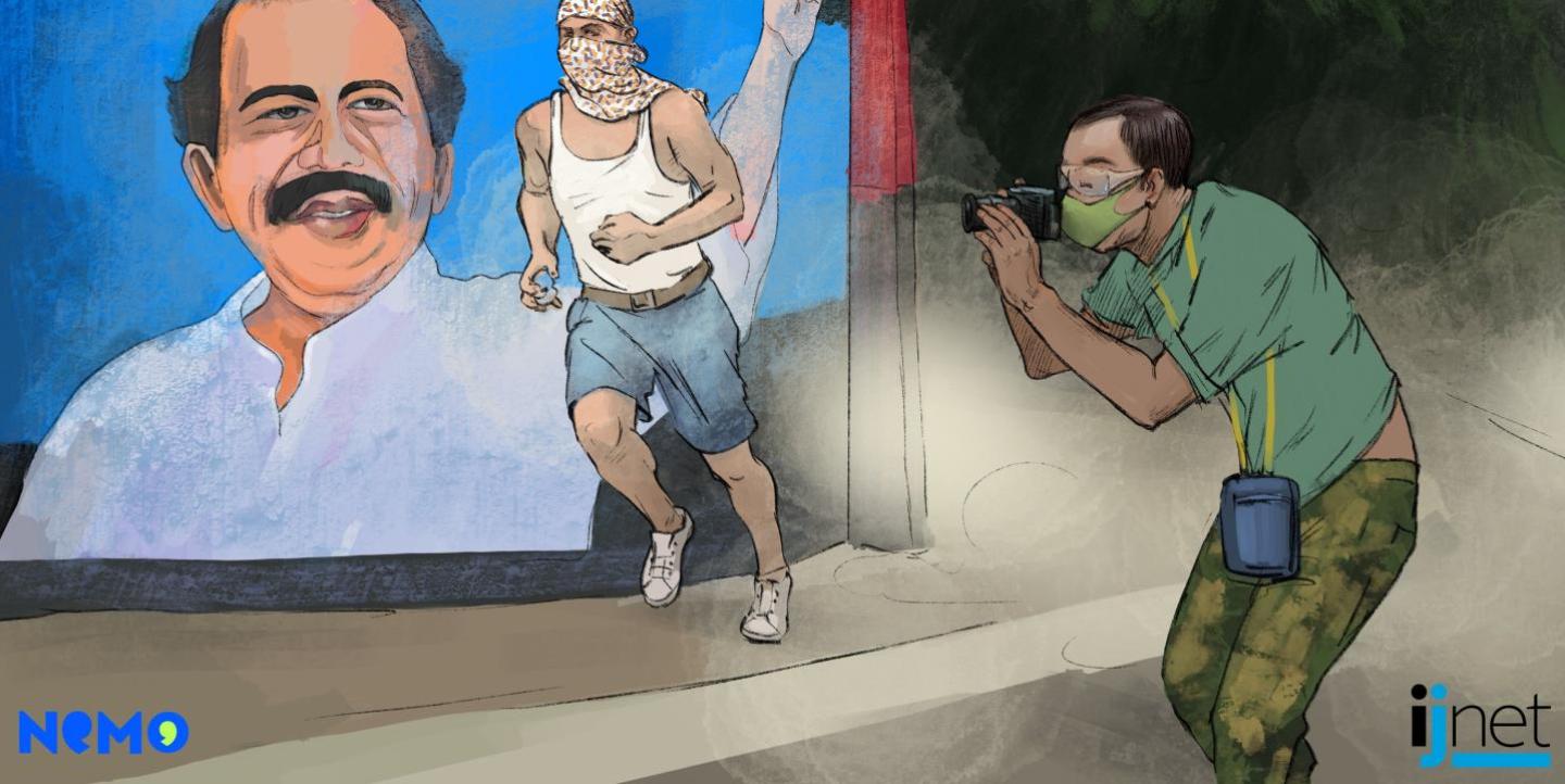 Man taking a photo of a person running in a balaclava by a mural of Nicaraguan President Ortega