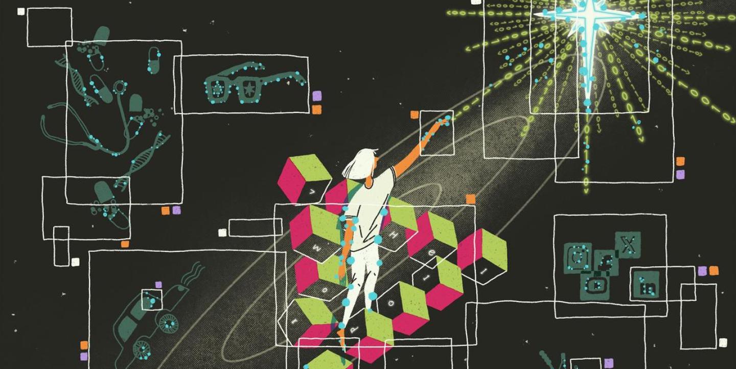 The painting shows a person standing on a staircase made of green and pink cubes, symbolising a Penrose staircase, in a cosmic environment. The person is reaching towards a glowing cross-shaped structure emitting binary code, representing AI's reach into the future. Surrounding the figure are outlined boxes showing various  elements, such as glasses, medical tools, a self-driving car, and financial symbols, interconnected by white lines. The background is dark with star-like dots and features colour-coded b