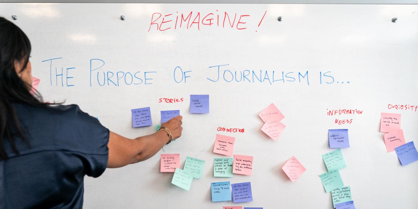 A woman placing sticky notes with words on them on a whiteboard