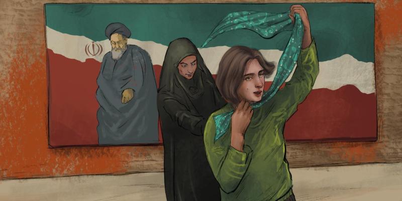 Morality police in Iran leading a woman away who is taking off a headscarf