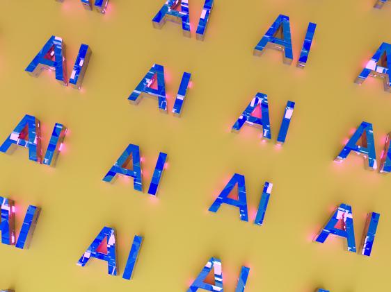 "AI' in blue and white letters all over a yellow background.