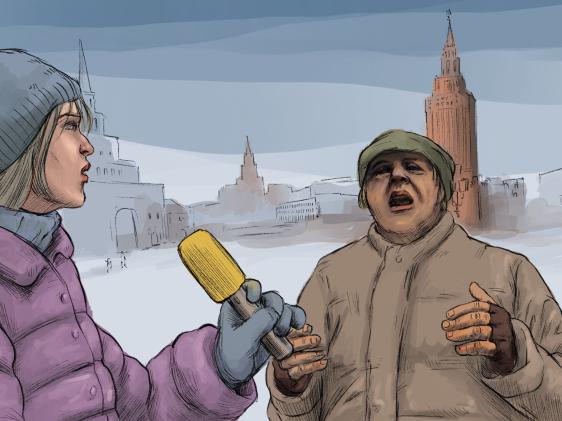 Ilustración de una mujer entrevistando a un hombre frente al Kremlin, en Rusia