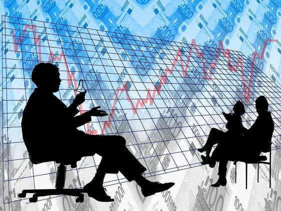 A graph, currency and silhouettes of three people