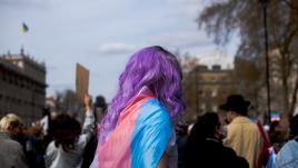 Person with pink hair draped in blue and pink trans flag