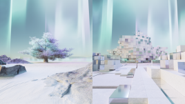 À gauche, l'image d'un arbre sur un paysage enneigé et rocailleux, avec de la lumière en arrière-plan. À droite, le même paysage est reproduit sous forme de cubes gris et argentés ayant la forme d'un arbre et d'un terrain technique, avec la lumière en arrière-plan.