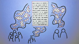Ilustración de tres grupos de personas discutiendo respecto de un mismo texto